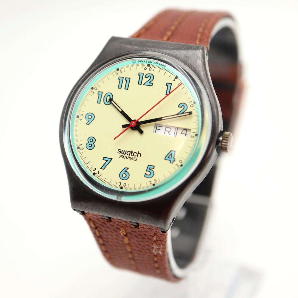 Swatch High Flyer Vintage 1988 Day Date Watch Swiss GX704 Leather w New Battery